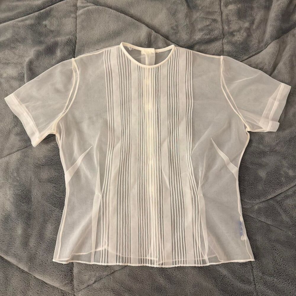 vintage 1950s Judy Bond white sheer button up collarless blouse with pleats